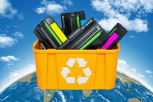 World image in the background and a recycling bin with toner in it to represent toner recycling on Earth Day